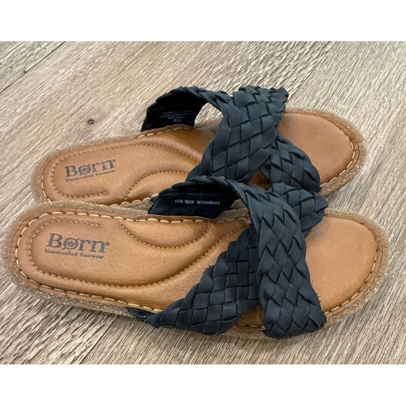 Women's Born Rue Flat Black CrissCross Leather Sandal Size 7 / 38 - Picture 4 of 11